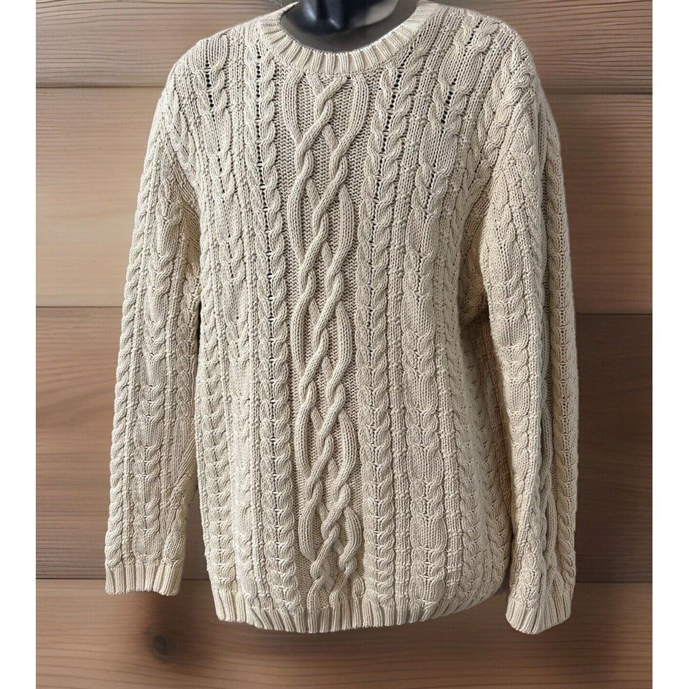 Lands End Vintage Light Sand Cable Sweater Mens L Made in USA Cotton Fisherman